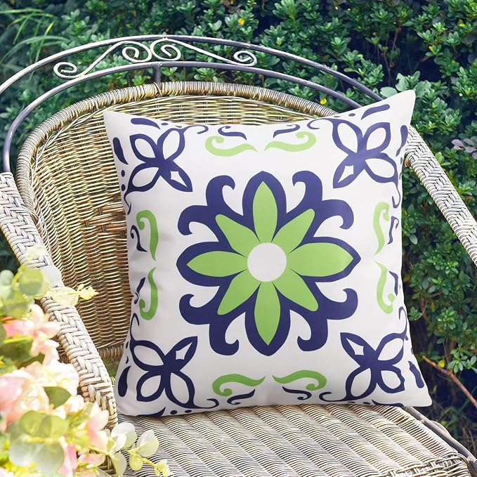Pyonic Set of 4 Outdoor Pillow Covers 18x18 Waterproof Decorative Throw Pillow Covers Floral Printed Farmhouse Boho Pillowcase for Patio Funiture Garden Navy Blue