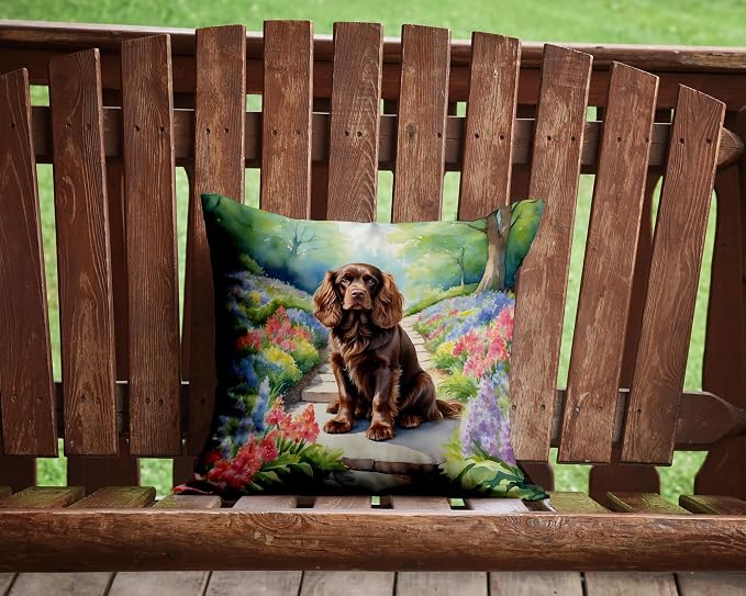 Caroline's Treasures Sussex Spaniel Spring Path Throw Pillow Machine Washable, Indoor Outdoor Decorative Pillow for Couch, Bed or Patio, 14Hx14W
