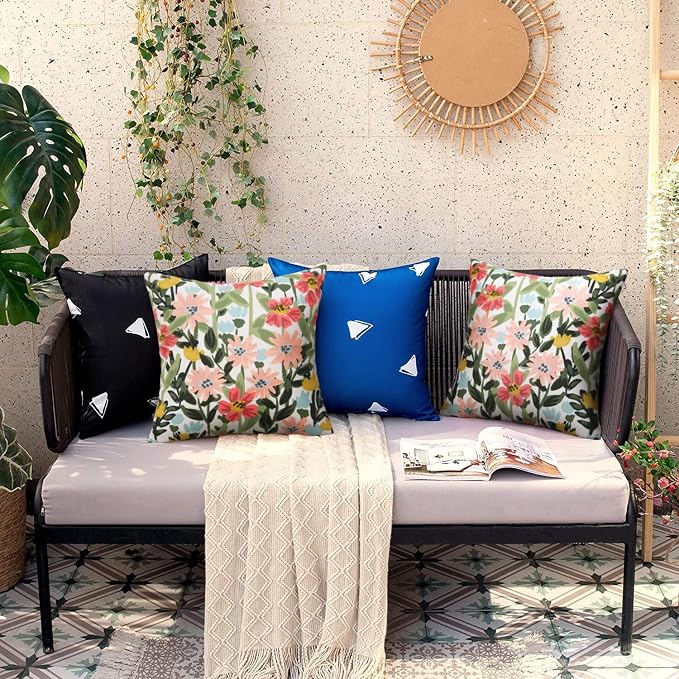 Pyonic Outdoor Pillows Covers Pack of 2 Spring Floral Waterproof Throw Pillow Covers 16X16 inch Outdoor Pillows for Patio Furniture Garden Square Outside Waterproof Pillow