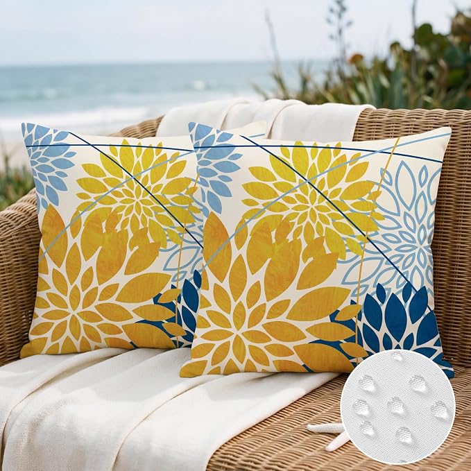 OTOSTAR Outdoor Yellow Light Blue Pillow Covers 18x18 Inch Set of 2 Dark Blue Flower Throw Pillows Farmhouse Geometric Dahlia Floral Square Cushion Case Waterproof Decor for Sofa Patio Funiture Garden