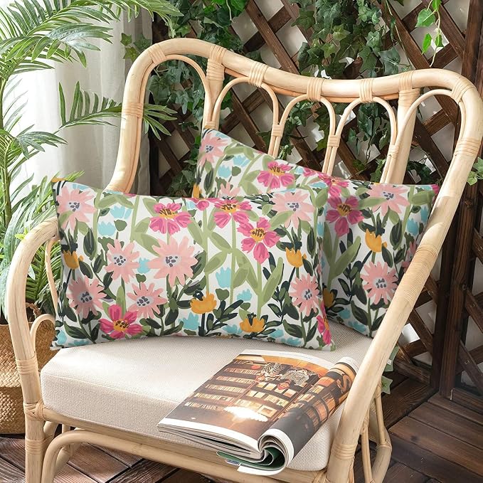 Pyonic Outdoor Pillows Cover Pack of 2 Floral Waterproof Throw Pillow Covers 12X20 inch Outdoor Lumbar Pillows for Patio Furniture Garden Outside Waterproof Throw Pillows