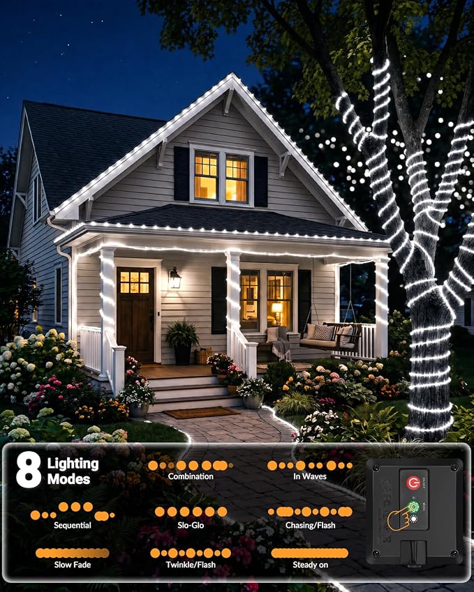 btfarm 4 Pack Solar Rope Lights, 120LED 46FT Solar String Lights Outdoor Waterproof, 8 Lighting Modes Solar Powered Strip Tube for Outside Garden Tree Christmas Yard Patio Wedding Decor, Cool White
