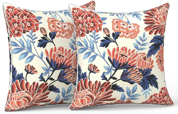 LVTXIII Outdoor Throw Pillow Covers Set of 2, Patio Waterproof Pillow Cases Fade Resistant Accent Pillow Covers for Home and Garden Furniture Decoration, 18"x18", Red Chrysanthemum