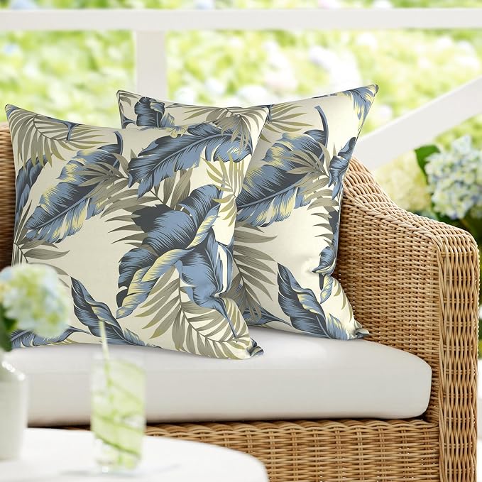 DYTXIII Pack of 2 Outdoor Waterproof Pillow Covers ONLY, 18"x18" Square Decorative Double Printed Throw Pillow Cases for Patio Couch Porch Furniture, Lush Palm Blue