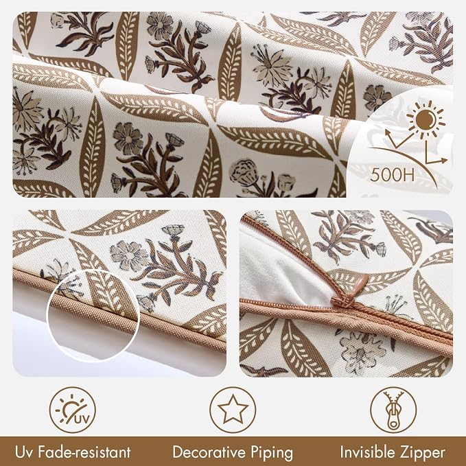 ANRODUO Floral Outdoor Waterproof Pillow Covers Set of 2 Brown 12x20 Inch | Lumbar Block Print Decorative Cushion Cases With Refined Edge Piping for Summer Patio Porch Garden Couch Sofa Bench Decor