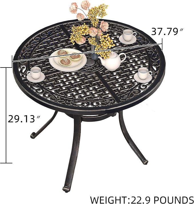 PURPLE LEAF 37" Outdoor Cast Aluminum Round Dining Table with Umbrella Hole Patio Furniture for Backyard Lawn Balcony Deck, Patio Dining Table, Lattice