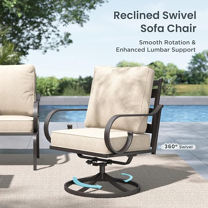 PHI VILLA Patio Furniture Set, 1 Loveseat, 3-Seater Sofa, 2 Swivel Chairs and a Coffee Table, Outdoor Metal Conversation Set with 5.75" Extra Thick Cushion for Garden Backyard Deck, Beige