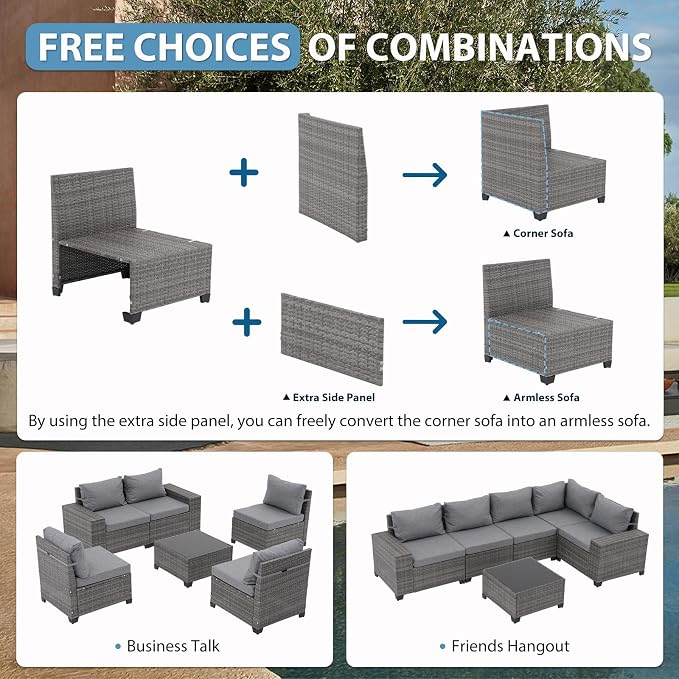 JOIVI 6 Pieces Outdoor Patio Furniture Set, Rattan Patio Sectional Sofa Conversation Set with Coffee Table, PE Wicker L-Shaped Sofa Set with Cushions for Garden, Backyard, Deck, Gray
