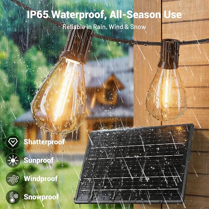 200FT Solar String Lights Outdoor Waterproof 72+2 LED Bulbs, Solar Powered with Remote & USB Port, 3 Light Modes Dimmable Patio Lights for Large Backyard, Garden, Party