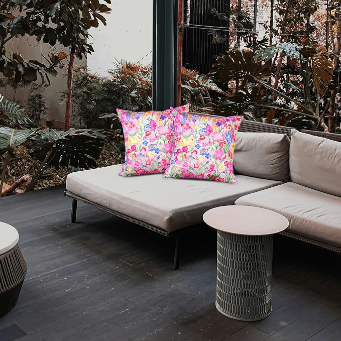 TAJWE Outdoor Pillow Covers 18x18 Inch Set of 2 Colorful Floral Waterproof Throw Pillowcases Modern Farmhouse Wild Flower Decorative Square Cushion Cases for Patio Furniture Garden Bench Porch Decor