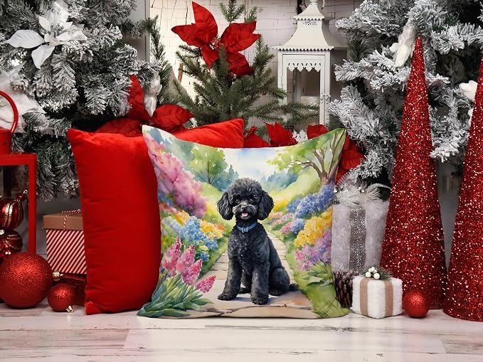 Caroline's Treasures Black Poodle Spring Path Throw Pillow Machine Washable, Indoor Outdoor Decorative Pillow for Couch, Bed or Patio, 14Hx14W