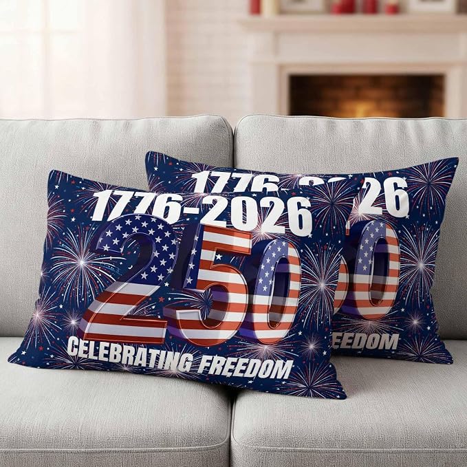 250 Anniversary USA Flag Outdoor Pillow Covers 20x12 Inch Lumbar Pillow Covers Set of 2 Waterproof Decorative Throw Pillow Cases Blue American Flag 250 Fireworks Cushion Covers for Patio Furniture