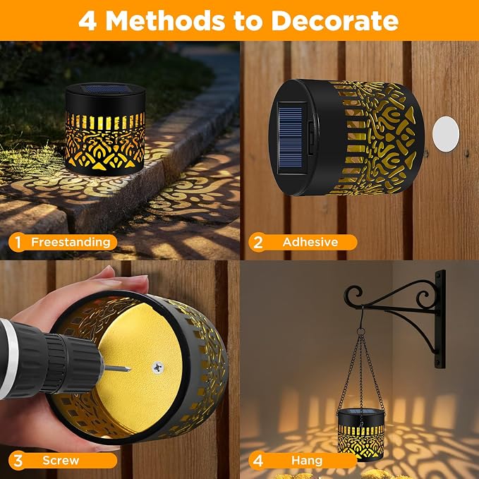 4 Pack Solar Fence Lights Outdoor, Metal Solar Powered Wall Deck Step Light | Mandala Theme, Hanging LED Waterproof Decorative Lighting for Garden Patio Backyard Post Decor, Warm White