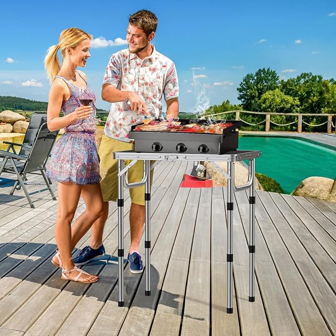 GARLLEN 2ft Folding Grill Table, 3 Adjustable Height Folding Camping Table with Heat-Resistant Mesh Tabletop, Portable Aluminum Picnic Tables for BBQ, Camping, Outdoor, 22.8" L x 15.7" W