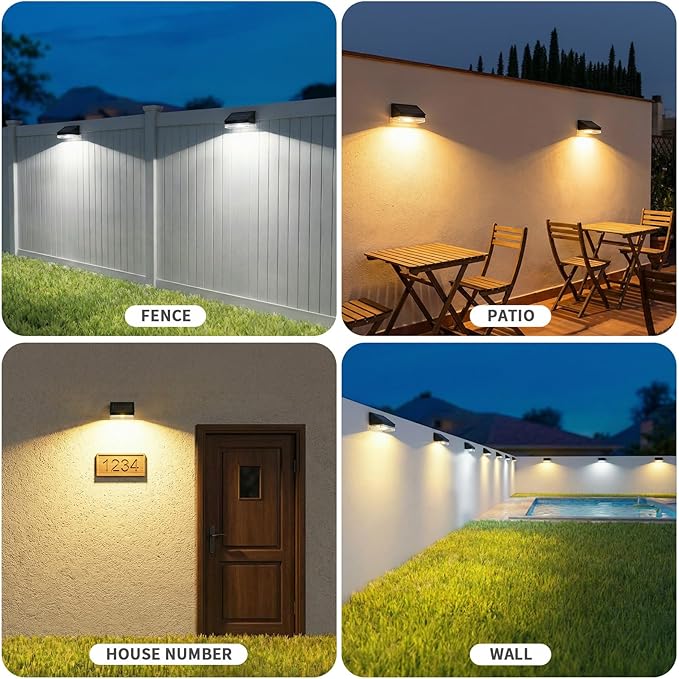 Solar Fence Lights 12 Pack, Outdoor Solar Lights with 3 Color Temperatures, IP65 Waterproof Wide-Angle LED Lighting for Fence, Patio, Yard, Deck, Wall, Garden (Black)