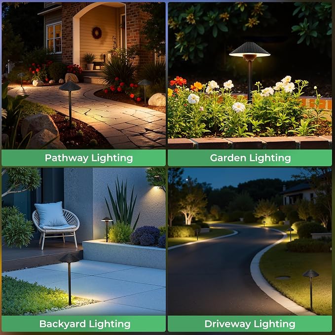 Low Voltage Pathway Lights (6.69'' Shade, 21.54'' Tall) 12V Outdoor LED Landscape Pathway Lighting Aluminum Vintage Hammered Path Lights with 4W 2700K Replaceable Bulb, 8 Pack