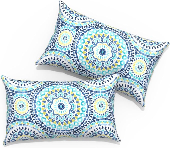 Outdoor Lumbar Pillows 12x20 inch, Rectangle Throw Pillows with Inserts, Decorative Lumbar Cushions for Patio Furniture Garden Couch Home Sofa Office Chair, Pack of 2, Delancey Lagoon