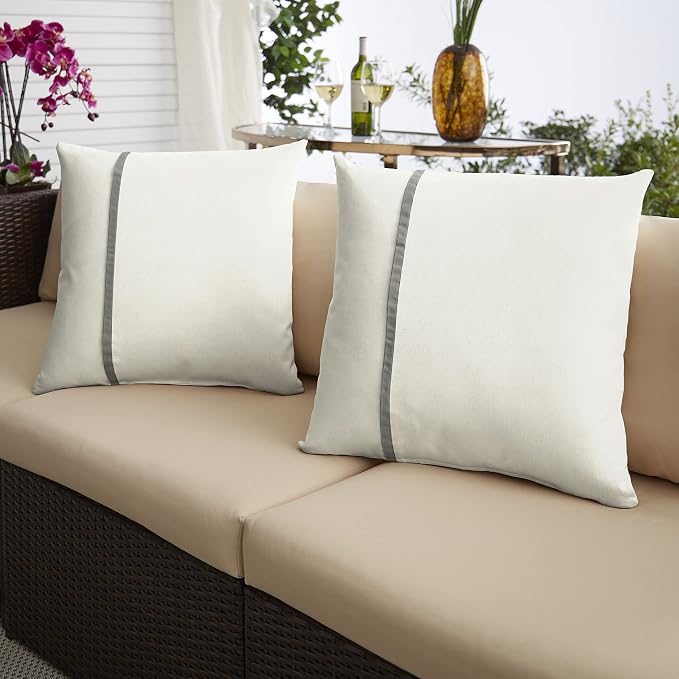 Sorra Home x Sunbrella - Indoor Outdoor Square Pillows, Set of 2, 16x16, Canvas Natural Ivory & Canvas Charcoal Grey