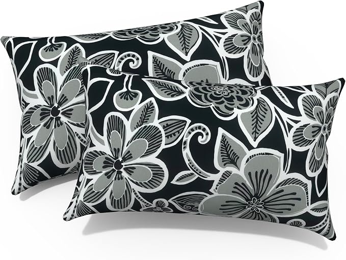 Pack of 2 Outdoor Lumbar Pillow Covers, All Weather Cushion Pillow Cases 12x20 Inch, Pillowcase for Patio Couch Decoration, Flower Black