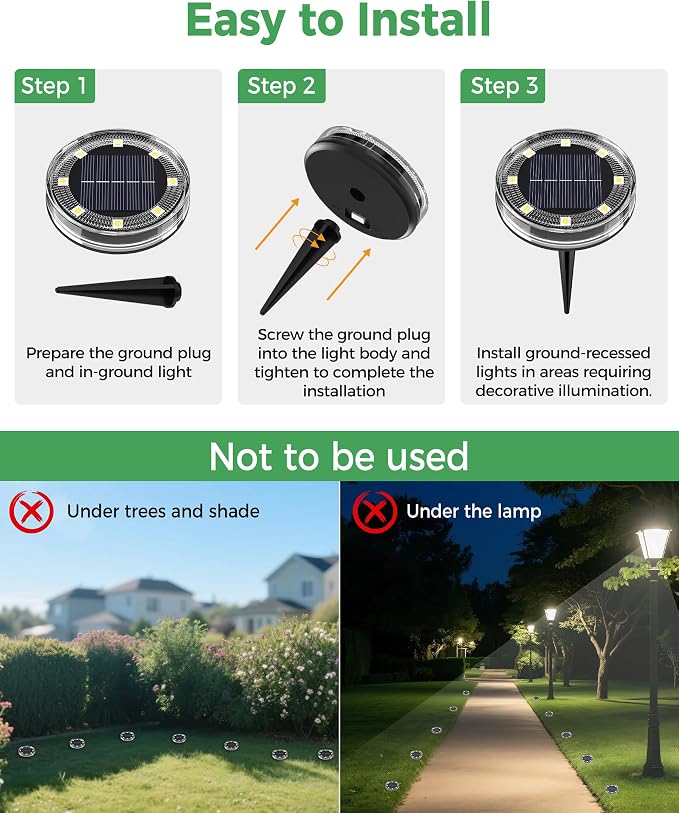 LOTMOS 10 Pack Solar Ground Lights Outdoor, 8 LED Solar Flat Lights IP68 Waterproof Disc Light, Landscape Lighting Solar Powered for Garden Yard Path Driveway Lawn Patio Walkway, Warm White