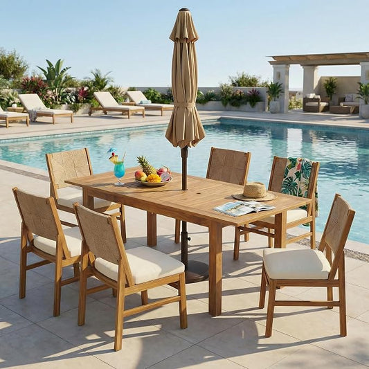 Merax Outdoor Acacia Wood Dining Set of 7, Patio 78.75" Large Expandable Dining Table with Umbrella Hole, 6 Dining Chairs with Wicker Back and Cushions for Deck, Yard, Porch,Cream+Teak
