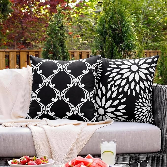 Adabana Outdoor Waterproof Floral Pillow Covers 18x18 Set of 4, Geometric | Waterproof Fabric Floral and Stripe Design for Patio, Couch, Garden Decor
