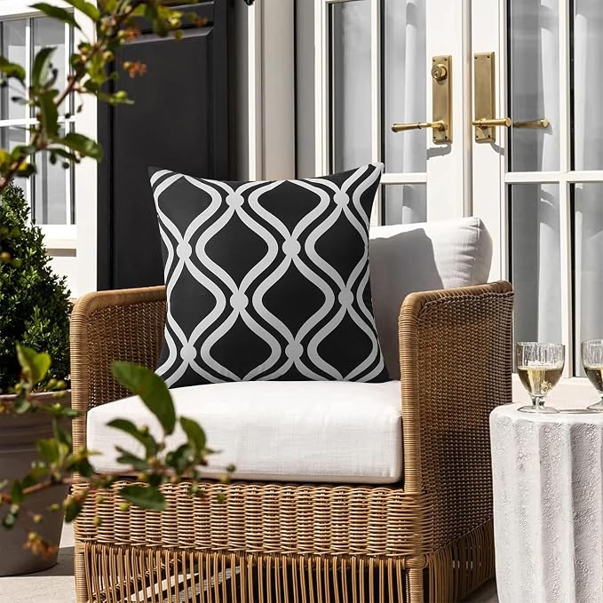 Merrycolor Outdoor Pillows Cover Waterproof Set of 2 Modern Geometry Patterns Decorative Black and White Pillowcases 18x18 Inches for Patio Furniture Couch Garden