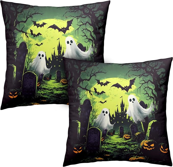 2 Pack Halloween Pillow Covers 22x22 Graveyard Ghost Throw Pillow Covers Horror Spooky Green Full Moon Night Pillow Case Bat Pumpkin Cushion Case for Holiday Party Decor Couch Sofa