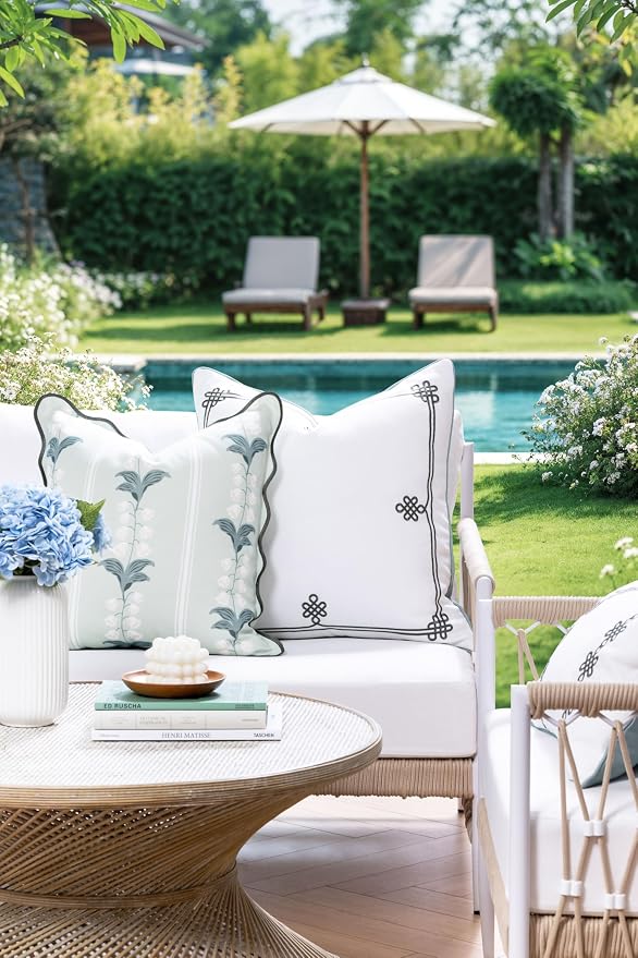 Hofdeco Premium Coastal Hampton Patio Indoor Outdoor Throw Pillow Cover Only, 20"x20" Water Repellent for Backyard, Couch, Poolside, Pale Forest Green Print Watercolor Striped Lily of the Valley