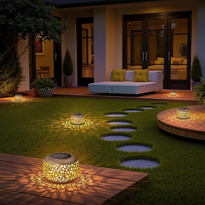 Solar Lanterns Outdoor Waterproof, Hollow Out Solar Table Lamp Patio Decor | 2 Lighting Modes Retro Metal Solar Lights for Outside Garden Yard Porch Deck Floor Indoor Tabletop Desk Decoration Gifts