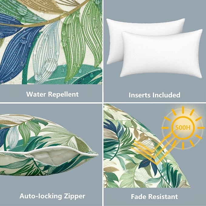LVTXIII Set of 2 Outdoor Lumbar Pillows for Patio Furniture with White Piping, 12"x20" Fade Resistant Patio Lumbar Pillows with Inserts for Home Coach Sofa Use, Lush Leaf Green