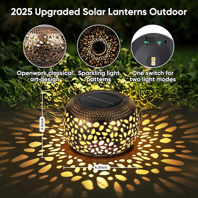 Solar Lanterns Waterproof Outdoor Decor: 2 Pack Hollow Out Retro Metal Solar Lights - Unique Gardening Gifts for Women Mom - Outside Garden Yard Patio Porch Tabletop Decorations 2 Lighting Colors