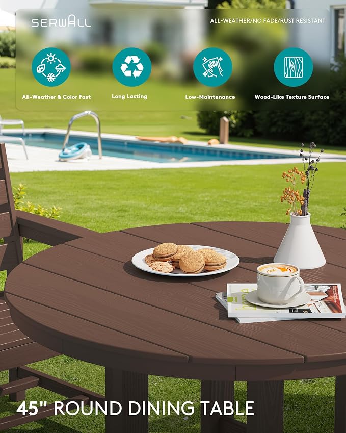 SERWALL 6-Piece Patio Dining Sets, HDPE Outdoor Table and Chairs Furniture Set with Umbrella, 45" Round Dining Table & 4 Dining Chairs & 1 9FT Umbrella, Coffee(Not Include Umbrella Base)