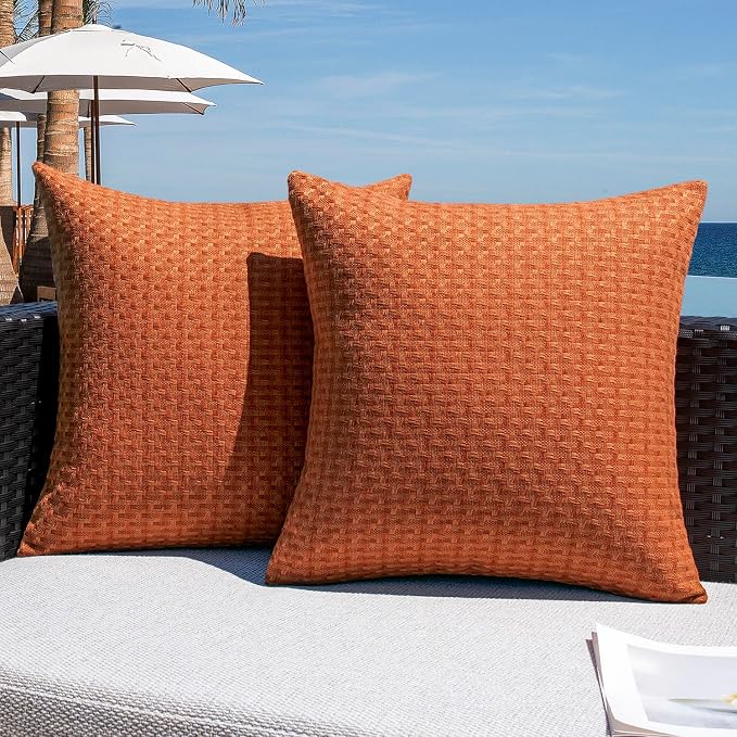 Kevin Textile Outdoor Waterproof 22"x22" Pillow Covers 2 Pack, Burnt Orange | Water Resistant Weaving Faux Linen Texture Throw Pillow Covers, Outside Decorative Pillowcases for Garden Patio Balcony Couch