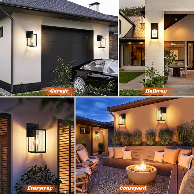 2-Pack Outdoor Wall Lantern, Exterior Waterproof Wall Sconce Light Fixtures, Black Outside Wall Lights with Clear Glass for House, Porch, Front Door, Garage, Patio, Bulbs Not Included
