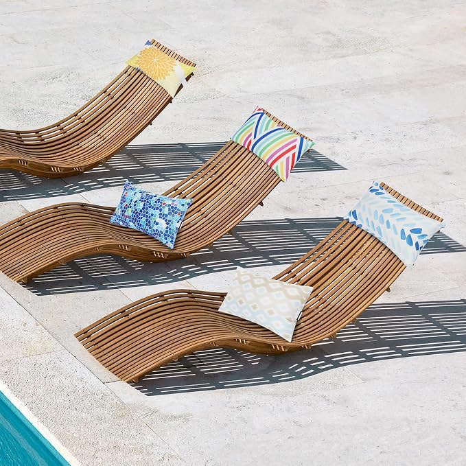 Chaise Head Rest Pillows Set of 2, Waterproof Outdoor Lounge Pillow Lumbar Pillows with Insert Adjustable Elastic Strap Decorative Pillows for Patio Beach Pool Chair, Blue Geometric