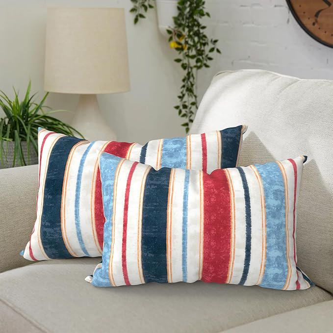 DYTXIII Pack of 2 Outdoor Waterproof Lumbar Pillow Covers ONLY, 12x20 Rectangle Decorative Double Printed Pillow Cases for Patio Couch Porch Furniture - Stripe Red Blue