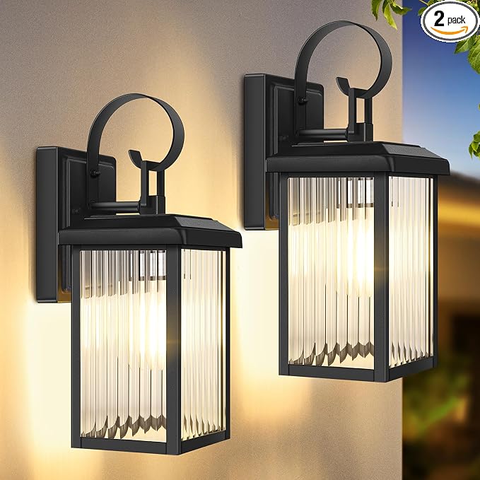 BesLowe 2-Pack Outdoor Wall Light Fixtures with Fluted Glass, Black | Waterproof, Rust-Resistant, Durable Metal, Standard E26 Socket, Easy to Install