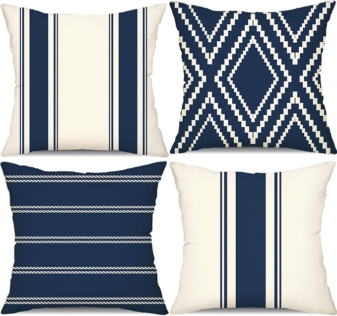 DFXSZ Outdoor Navy Blue Waterproof Geometry Pillow Covers 20x20 Set of 4 | Spring Summer Waterproof Modern Throw Pillowcases（No Inserts） Outdoor Decor for Patio Funiture Garden Polyester Covers