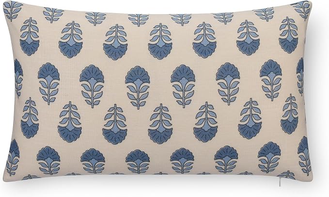 California Casual Coastal Indoor Outdoor Lumbar Pillow Cover, 12"x20" Water Repellent for Patio, Backyard, Couch, Poolside, Earth Tone Azure Blue Neutral Block Print Flowers