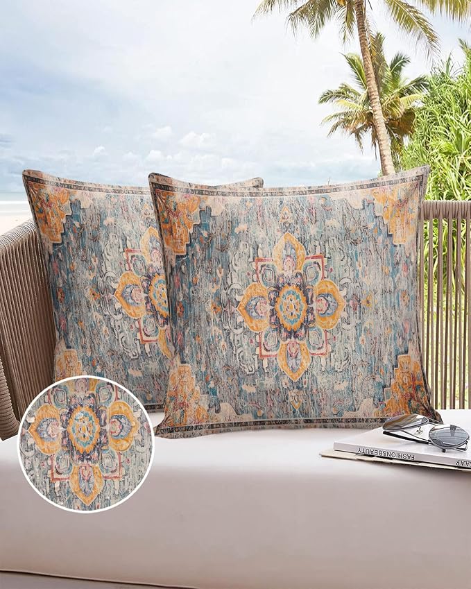 Prime Leader Outdoor Waterproof Pillow Covers Set of 2, Geometric Abstract Carpet Flowers Pattern Yellow Patio Throw Pillow Covers, Decorative Cushion Case for Couch Sofa Furniture Garden, 18x18 Inch