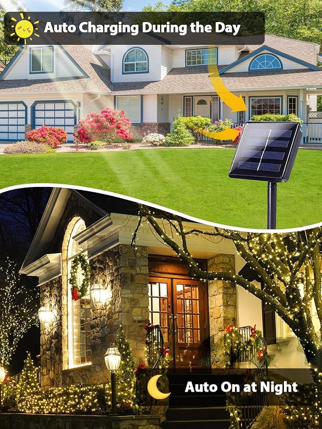 Solar String Lights Outdoor 4 Pack 400 LED Solar Christmas Light Warm White | 8 Lighting Modes, Memory Function, Auto On/Off, 132FT Waterproof Twinkle Lights for Outside Garden Yard Party Xmas Tree Decor