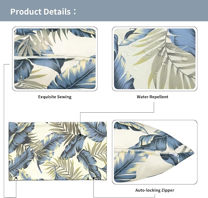 12x20 Inch Lumbae Pillow Covers, Rectangle Waterproof Throw Covers Set of 2, Decorative Patio Furniture Cushion Cases for Porch Garden, Lush Palm Blue