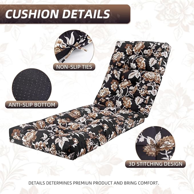 Patio Chaise Lounge Cushions, 70.5"x21"x4" Waterproof Replacement Beach Pool Lawn Outdoor Lounge Chair Cushion, Non-Slip Bottom & Secure Ties for Outdoor Furniture，Flower Black, 1Count