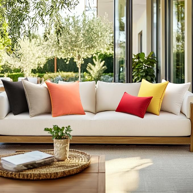 MIULEE Outdoor Waterproof Pillow Covers 12x20 Coral Red-Yellow Pack of 2 | Decorative Farmhouse Throw Pillow Covers with Piping,Square Solid Color,Patio Furniture,Summer Couch Tent Sofa Living Room