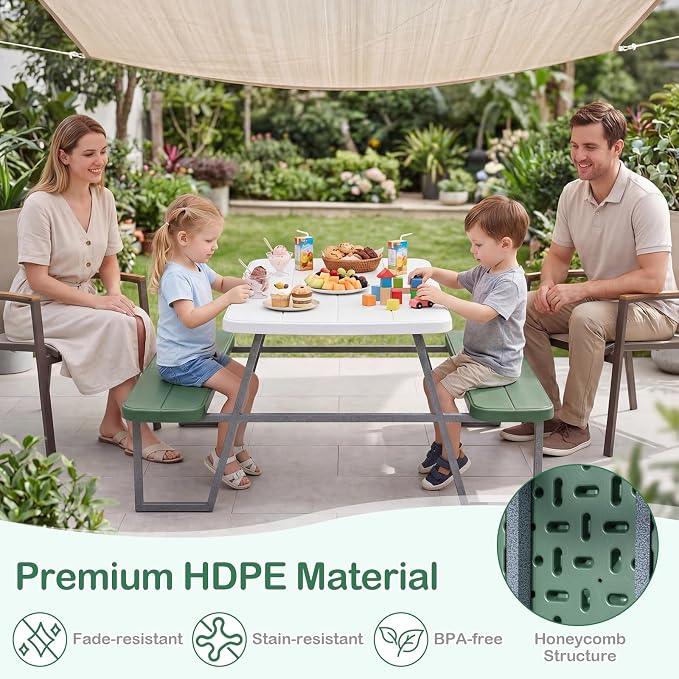Costzon Kids Picnic Table, Toddler Outdoor Table & Bench Set with Removable Umbrella, HDPE Tabletop, Metal Frame, Kids Outdoor Furniture for Patio Backyard Garden, Fits 4 Children Age 3+ (Green)