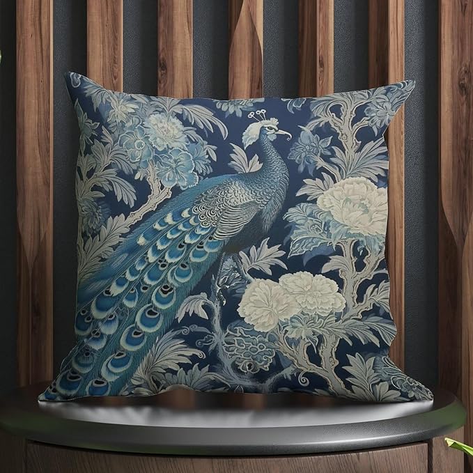 Blue Peacock Chinoiserie Throw Pillow Covers Blue Grey Asian Flower Throw Pillow Cover Classic Modern Decorative Pillow Covers for Patio Furniture Porch 24x24 in