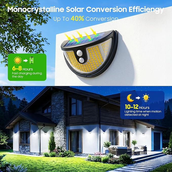 Solar Motion Sensor Lights Outdoor, 151 LED Super Bright Solar Lights 270° Angle,Wireless Security Wall Light with 2 Lighting Modes, IP65 Waterproof Solar Powered Fence Lights for Patio,Yard,Walkway