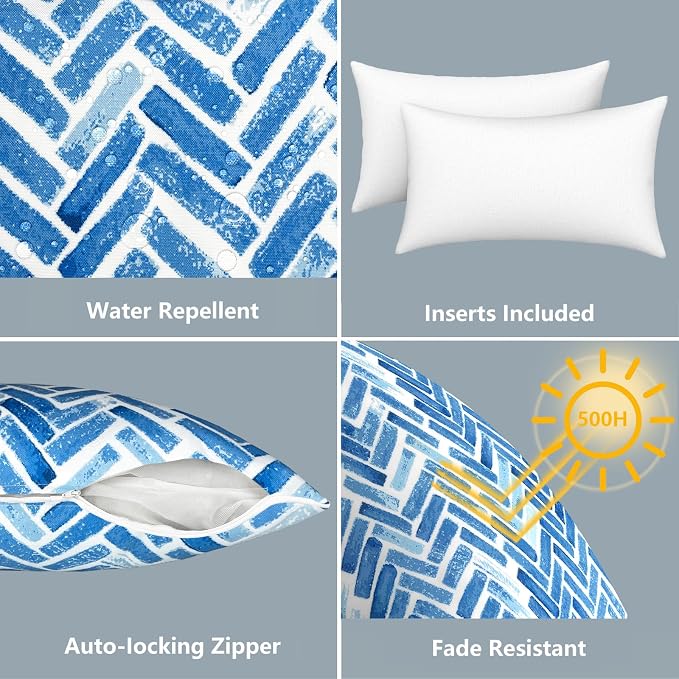 LVTXIII Set of 2 Outdoor Lumbar Pillows for Patio Furniture with White Piping, 12"x20" Fade Resistant Patio Lumbar Pillows with Inserts for Home Coach Sofa Use, Blue Bricks