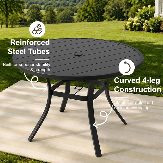 Patio Dining Table for 4,Steel Slatted Round Outdoor Table with Adjustable Umbrella Hole,41",Black